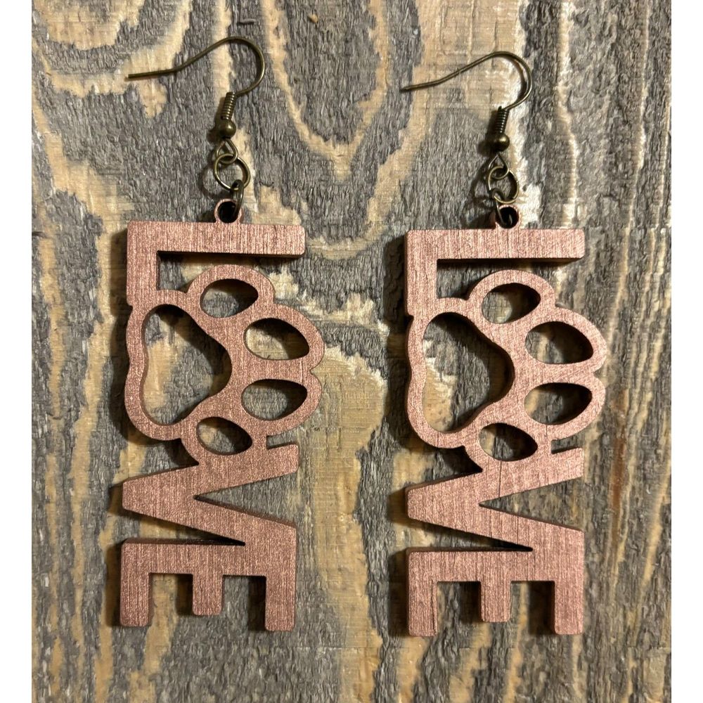 2.5" x 1.17" Love Paw Wood Earrings Copper #83-08